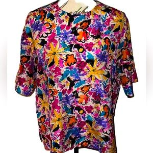 🦋Vintage Bright Floral Graffiti Look Printed Silk Blouse